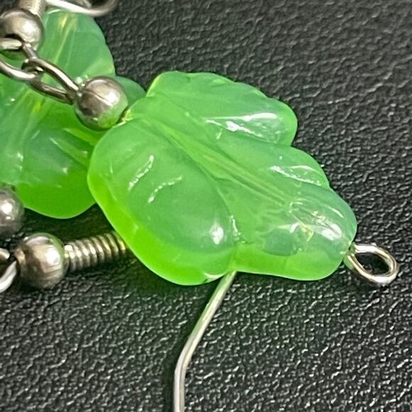 Green Leaf Earrings in Glass or Stone Silver tone Earwire 1.5" Light Dainty - Picture 4 of 5